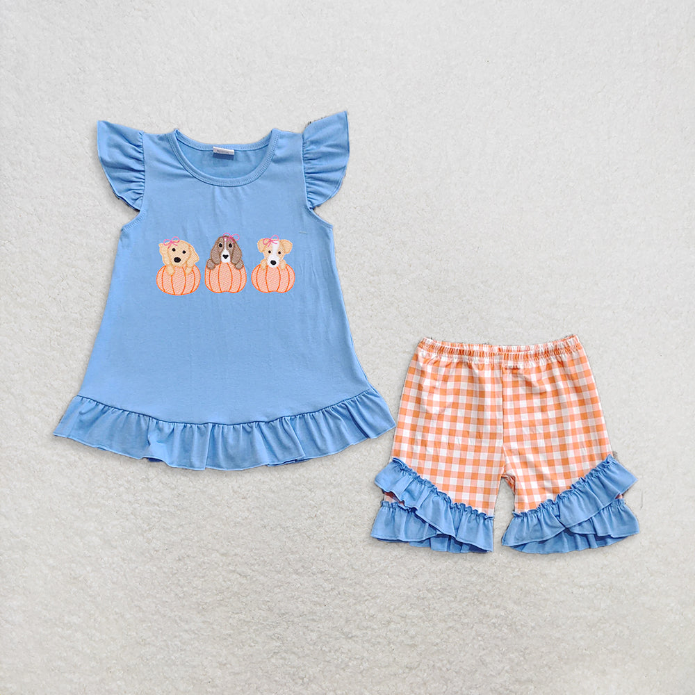 RTS Sibling Baby Girls Boys and Girls Plaid Shorts Rompers Short Sleeves Pumpkin Dog Top Fall Clothes for Kids