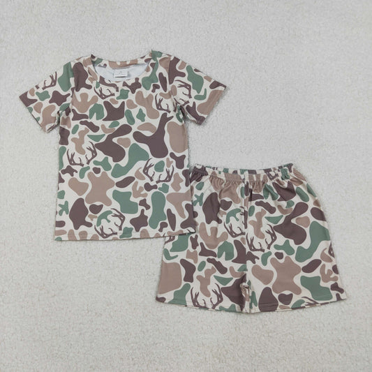 10.18 RTS NO MOQ (In stock)GSSO2708 Baby Boys Winter Outfits Baby Girls Green Brown Deer Camo Top Shorts Hunting Pajamas Sets