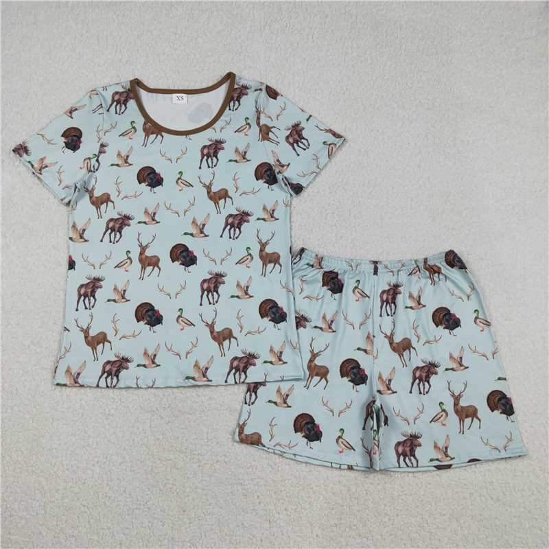 11.29 RTS NO MOQ (In stock)GSSO2711 Adult Women Turkey Deer Ducks Top Shorts Hunting Pajamas Sets