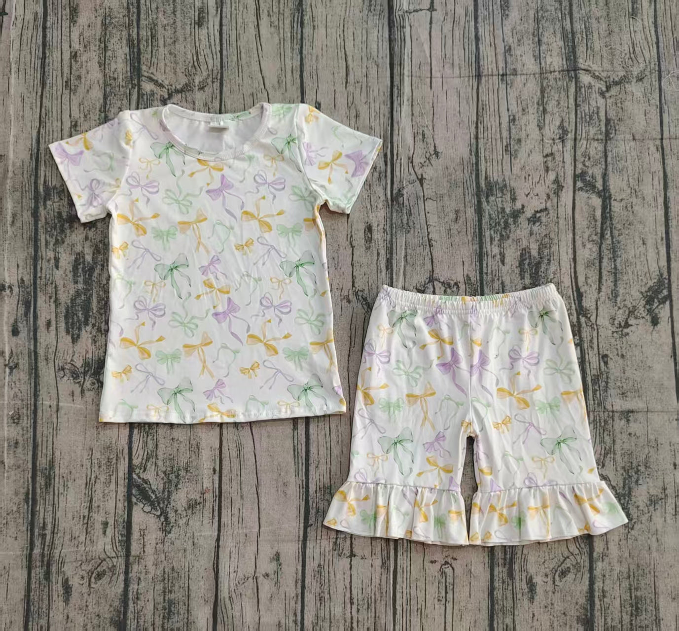 10.10 GSSO2717 Sample No Moq Baby Girls Mardigras Bows Plaid Top Ruffle Shorts Pajamas Sets