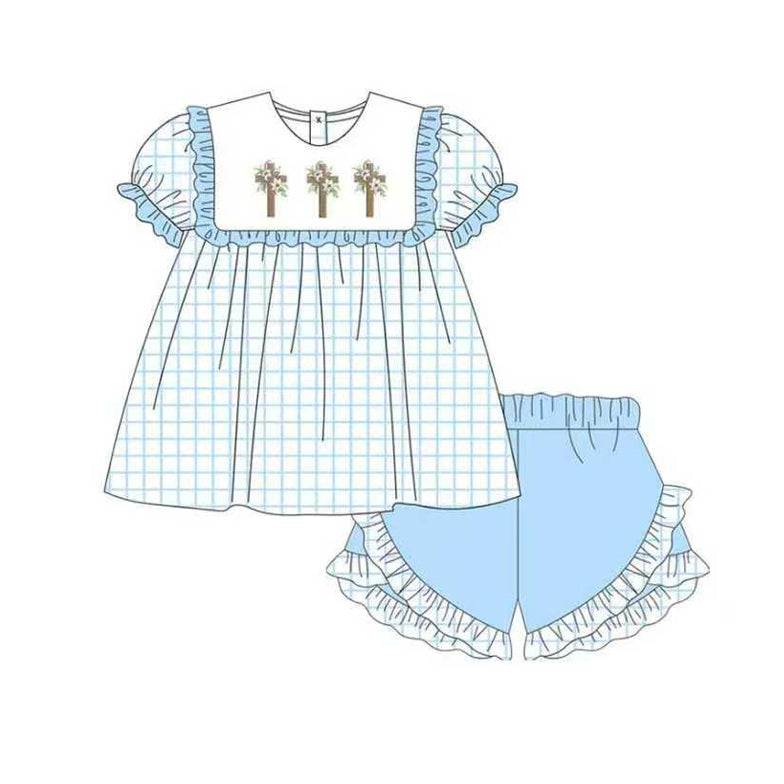 9.29 GSSO2718 Pre order No Moq Baby Girls Blue Checked Crosses Tunic Ruffle Shorts Easter Clothes Sets