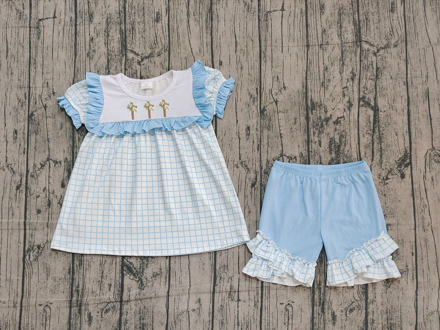 10.13 GSSO2718 Sample No Moq Embroidery Crosses Baby Girls Blue Checked Tunic Ruffle Shorts Easter Clothes Sets