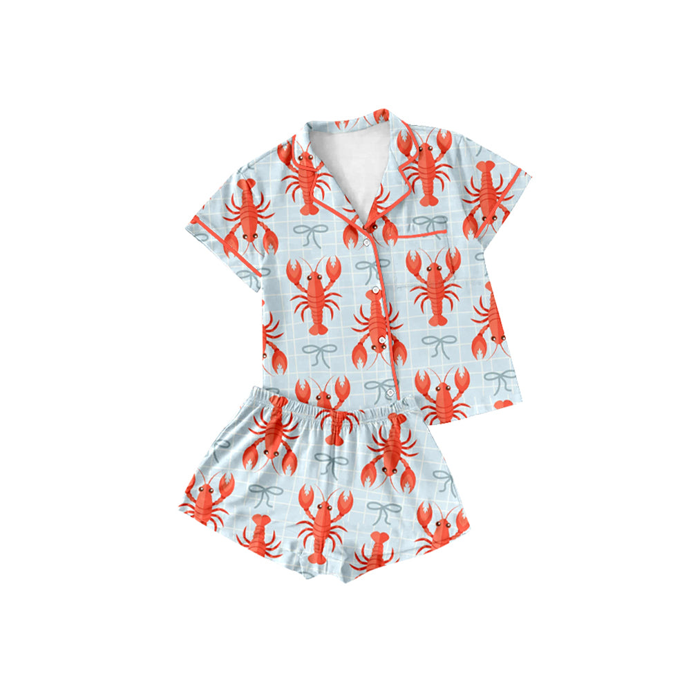 10.2 GSSO2719 Pre order No Moq Baby Girls Bows Crayfishes Checked Button Top Shorts Pajamas Sets