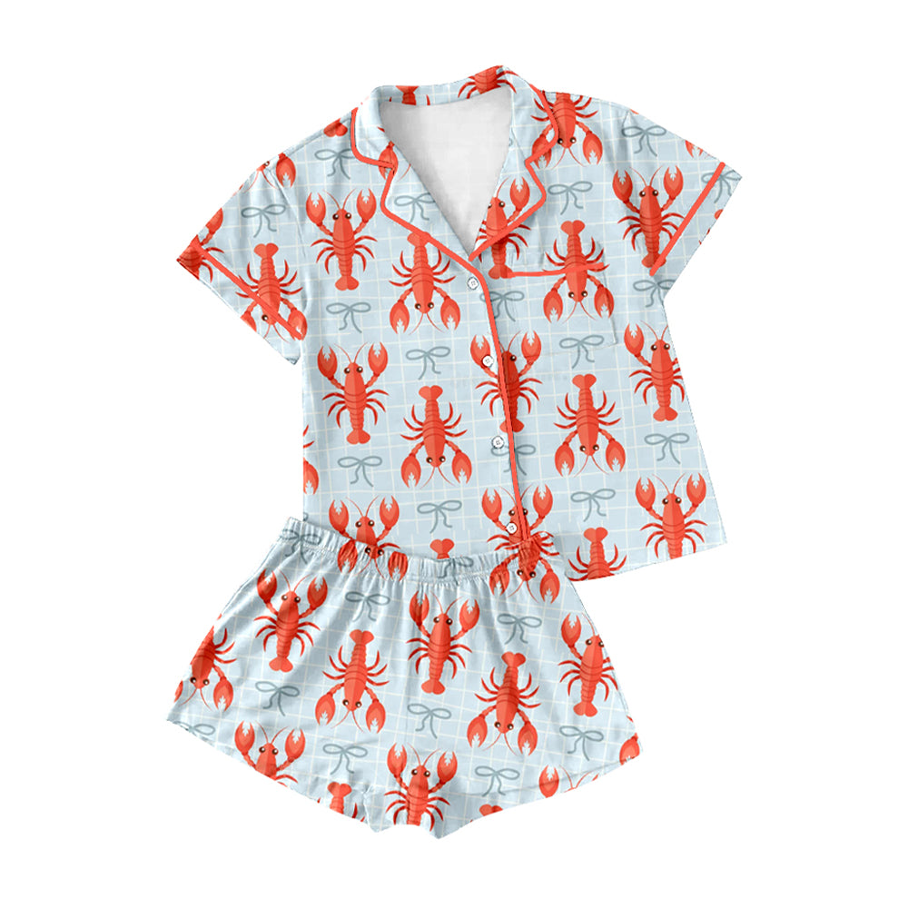 10.2 GSSO2720 Pre order No Moq Adult Women Bows Crayfishes Checked Button Top Shorts Pajamas Set