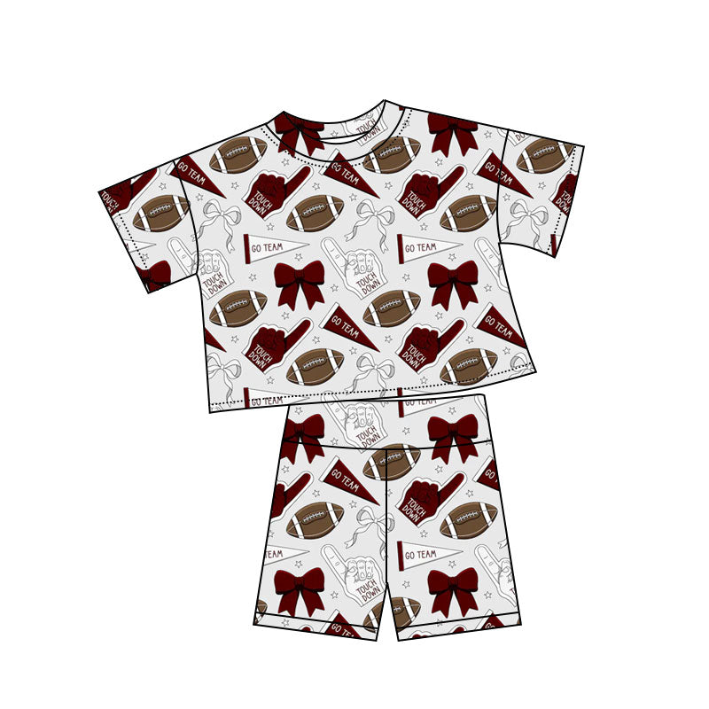 10.3 GSSO2723 Pre order No Moq Baby Girls Dark Red Grey Bows Footballs Top Shorts Team Pajamas Sets