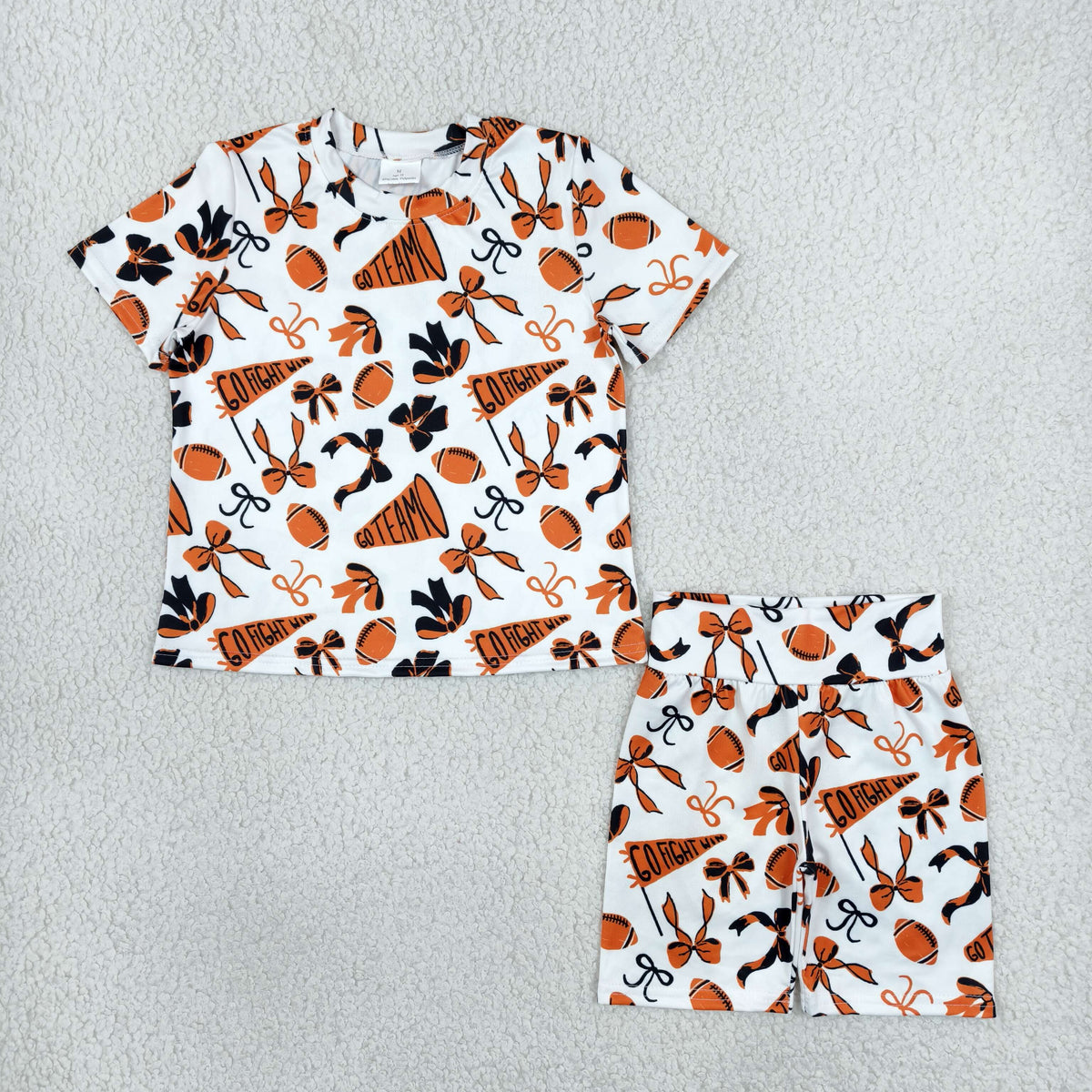 RTS NO MOQ (In stock)milk silk GSSO2724 Baby Girls Black Orange Bows Footballs Team Top Shorts Pajamas Sets