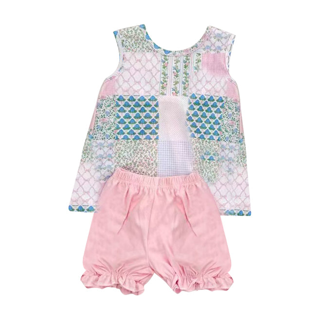 10.11 GSSO2731 Pre order No Moq Baby Girls Bows Flowers Checked Tunic Ruffle Shorts Clothes Sets