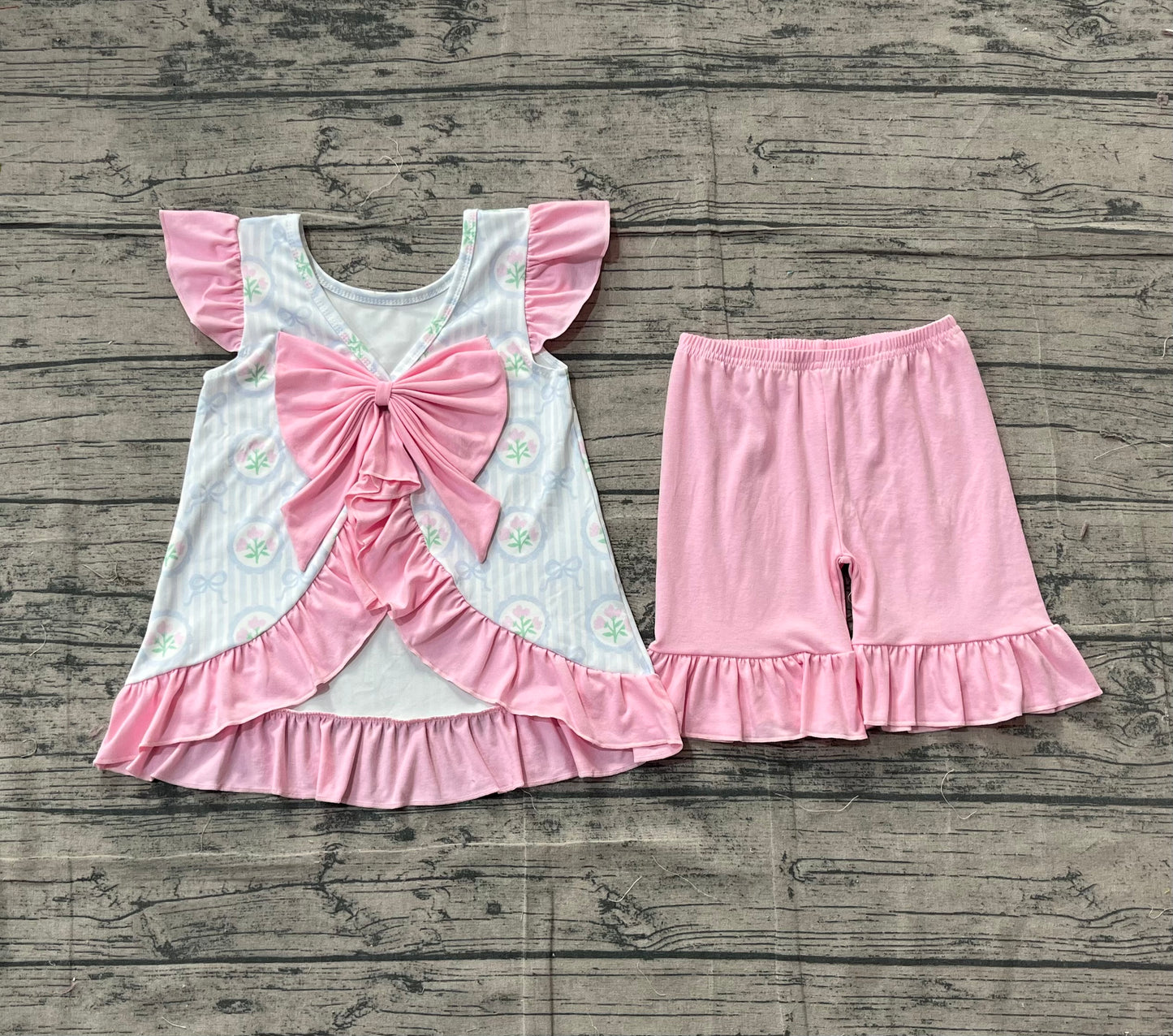 11.10 GSSO2732 Sample No Moq Baby Girls Flutter Sleeve Back Bows Flowers Tunic Ruffle Shorts Clothes Sets