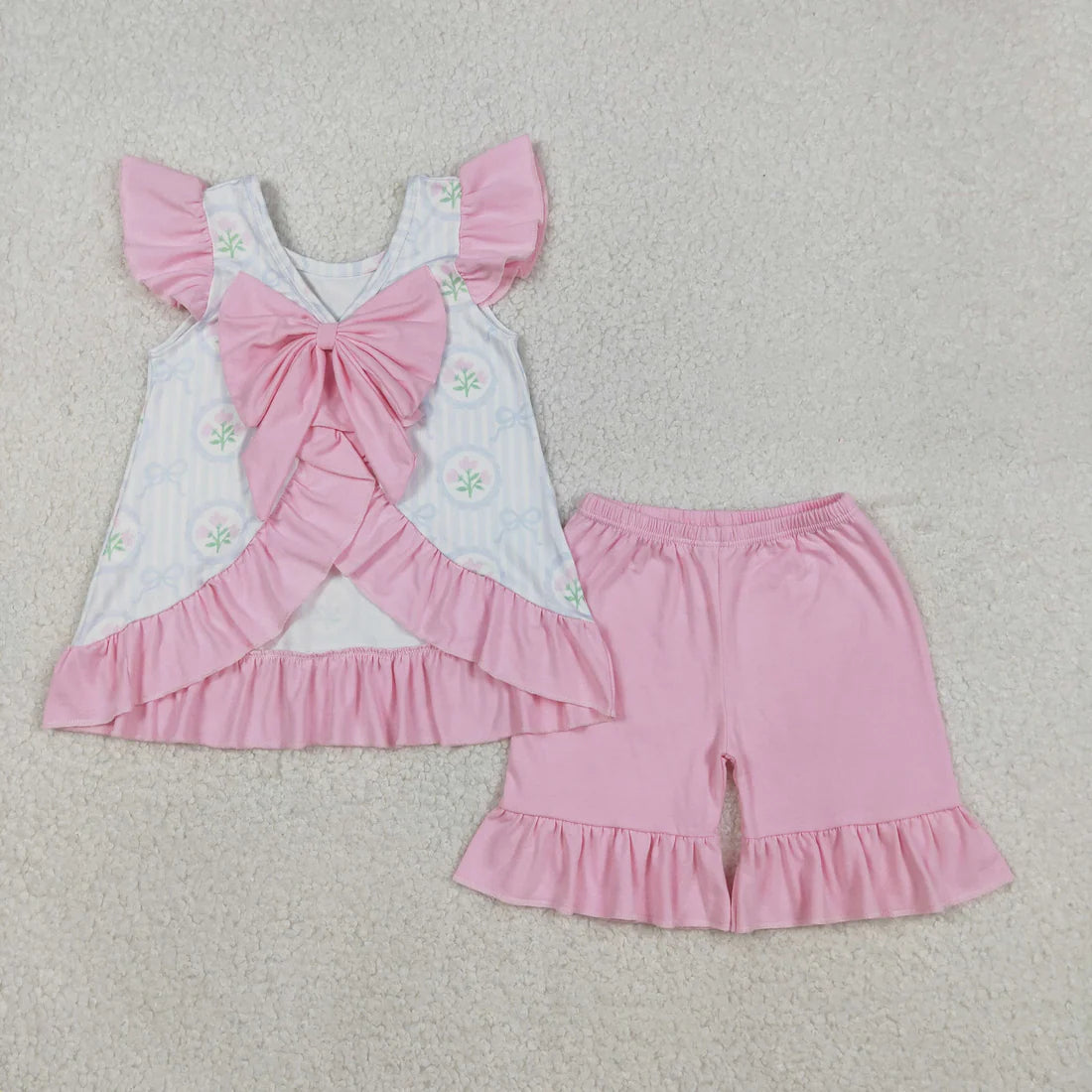 12.6 RTS Sibling Baby Girls Flowers Checked Flutter Sleeve Back Bows Tunic Ruffle Shorts Clothes Sets