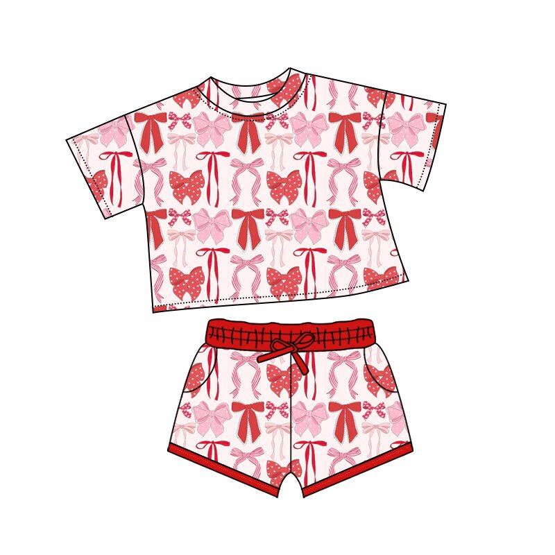 10.13 GSSO2737 Pre order No Moq Baby Girls Red Pink Bows Plaid Top Pockets Shorts Valentine Clothes Sets