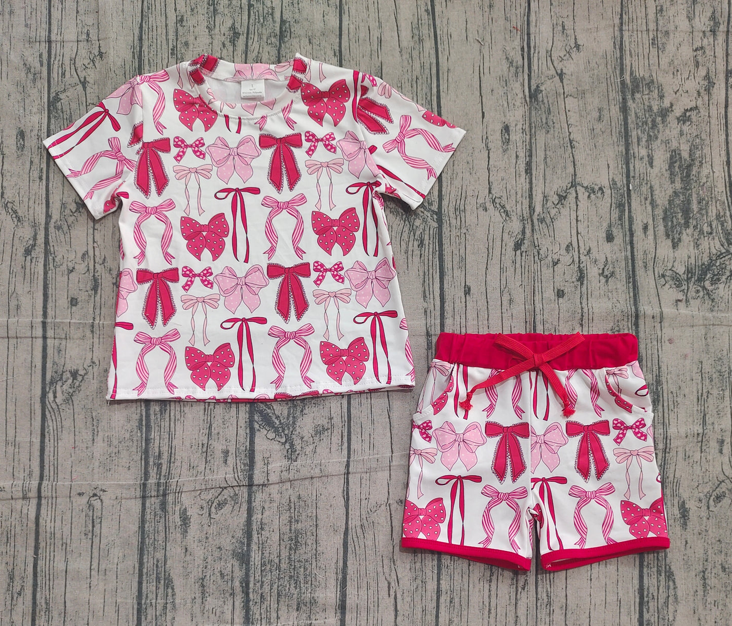 11.11 GSSO2737 Sample No Moq Baby Girls Red Pink Bows Plaid Top Pockets Shorts Valentine Clothes Sets