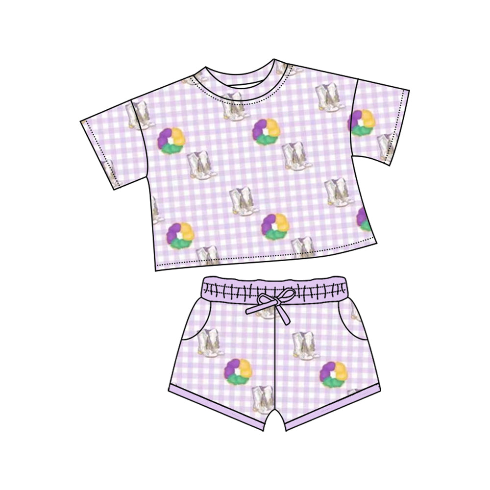 10.13 GSSO2740 Pre order No Moq Baby Girls Mardigras Boots Donuts Checked Top Pockets Shorts Clothes Sets