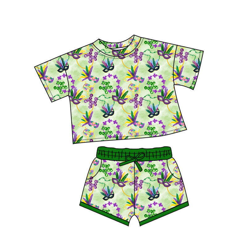 10.13 GSSO2743 Pre order No Moq Baby Girls Mardigras Anchor Masks Top Pockets Shorts Clothes Sets
