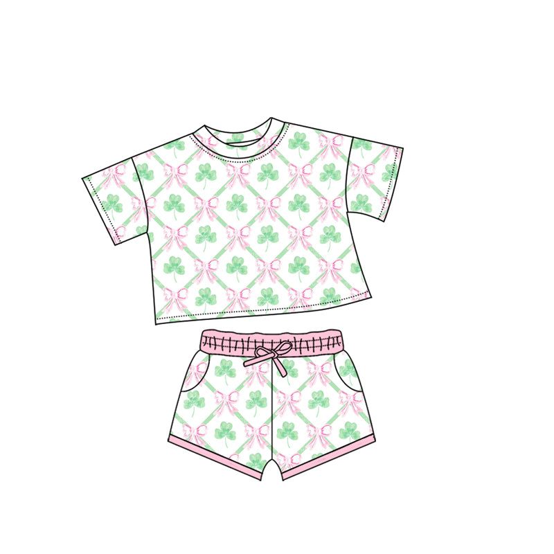10.13 GSSO2745 Pre order No Moq Baby Girls Bows Clovers Checked Top Pockets Shorts St Patrick Clothes Sets