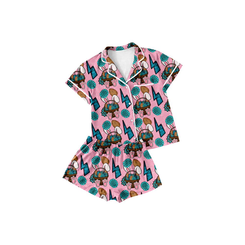 10.13 GSSO2746 Pre order No Moq Baby Girls Rabbits Eggs Turquoises Button Top Shorts Easter Pajamas Sets