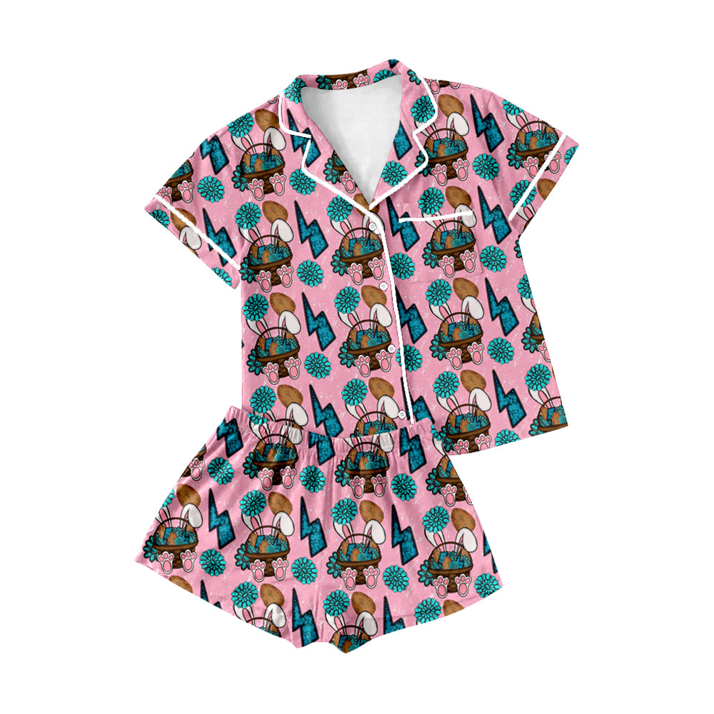 10.13 GSSO2747 Pre order No Moq Adult Women Rabbits Eggs Turquoises Button Top Shorts Easter Pajamas Set