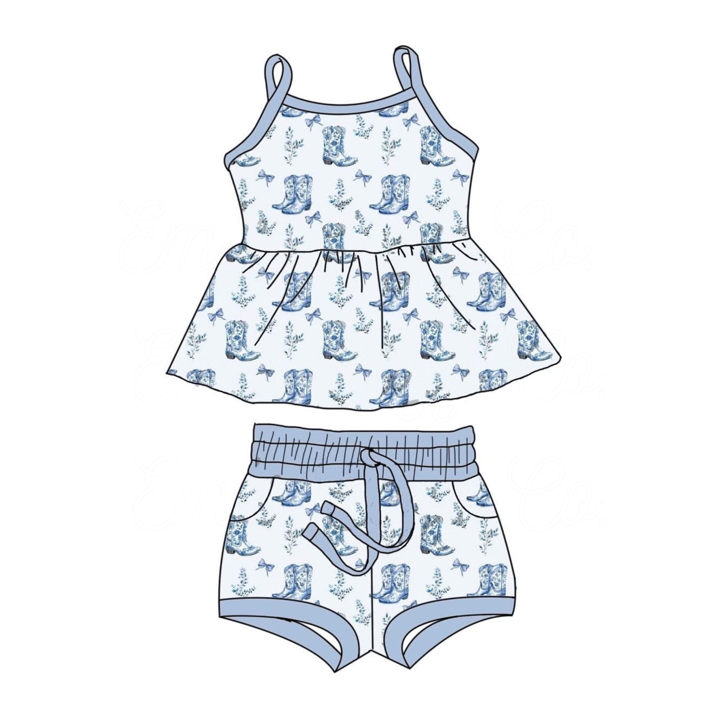 10.14 GSSO2750 Pre order No Moq Baby Girls Strap Blue Boots Bows Tunic Pockets Shorts Clothes Sets