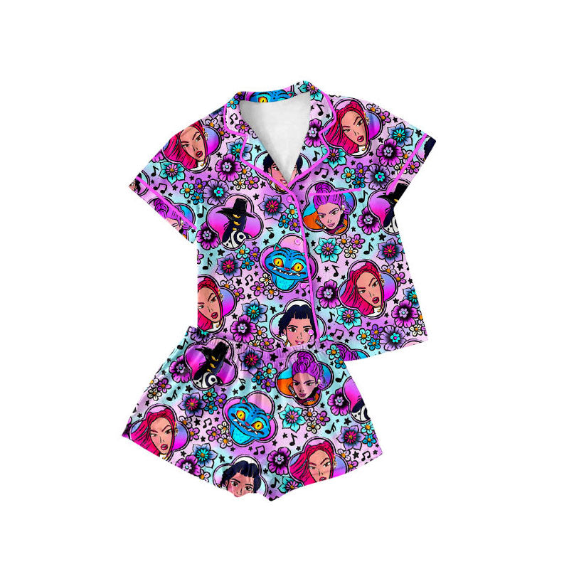 10.15 GSSO2753 Pre order No Moq Baby Girls Flowers Cartoon Girls Button Pocket Top Shorts Pajamas Sets