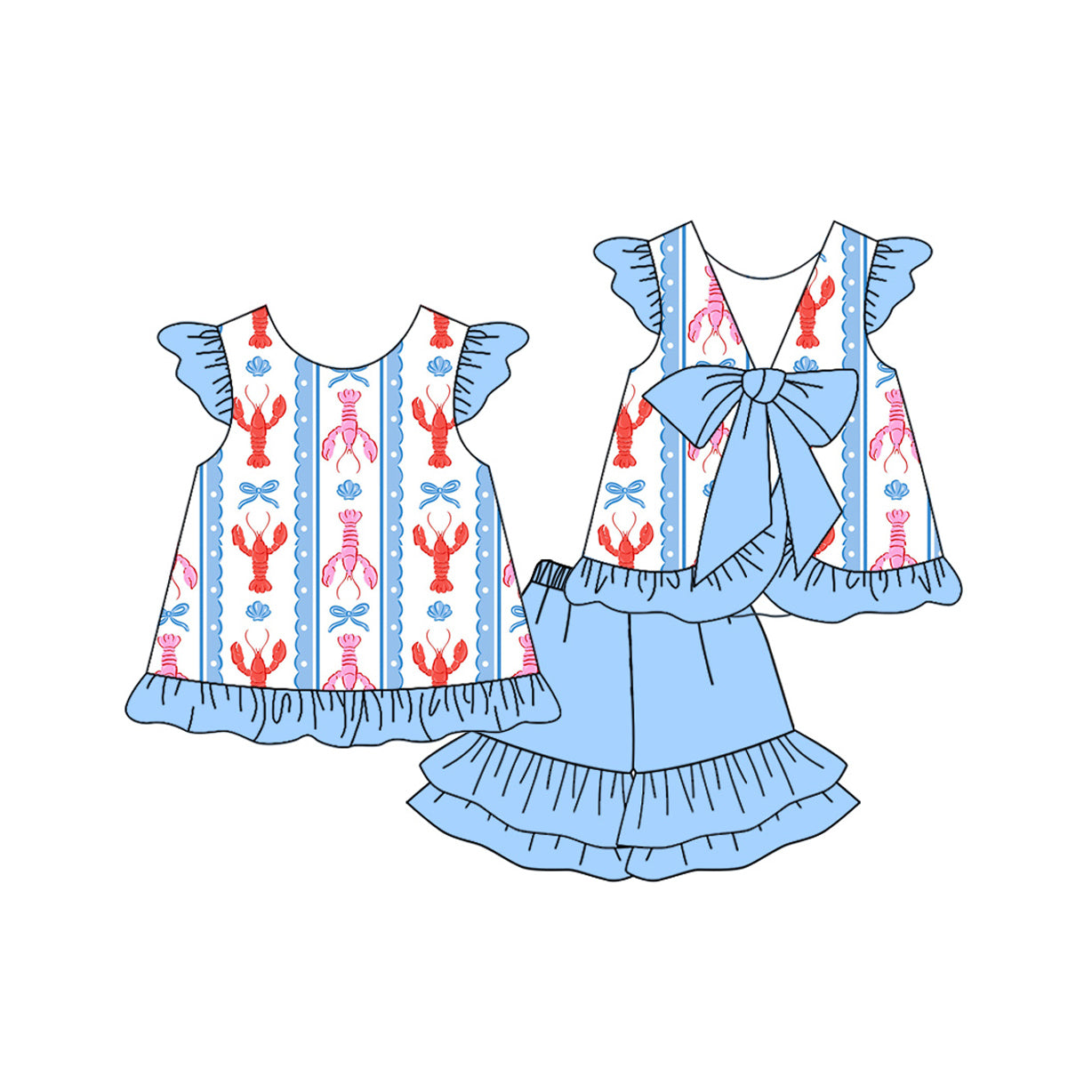 10.15 GSSO2756 Pre order No Moq Baby Girls Bows Crayfishes Back Bow Tunic Ruffle Shorts Clothes Sets