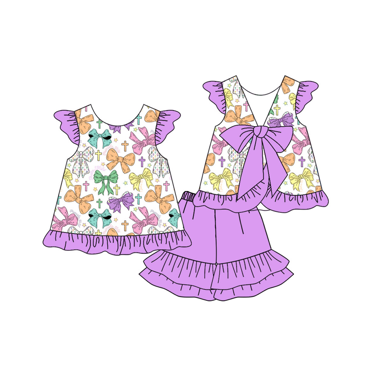 10.15 GSSO2758 Pre order No Moq Baby Girls Bows Crosses Back Bow Tunic Ruffle Shorts Easter Clothes Sets