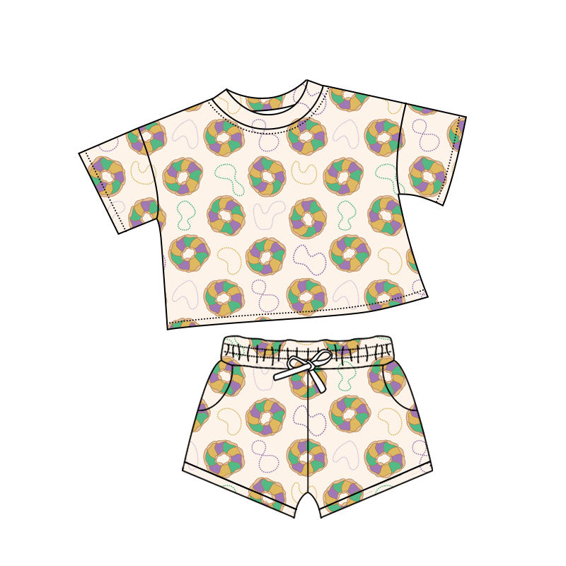 10.18 GSSO2762 Pre order No Moq Baby Girls Donuts Plaid Top Pockets Short Mardigras Clothes Sets