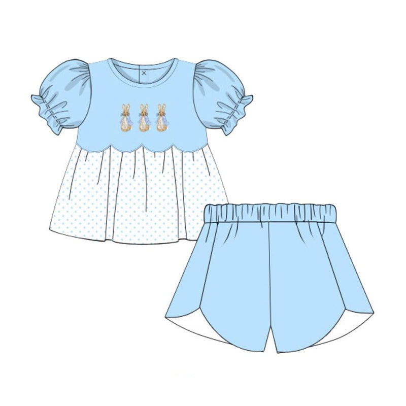 10.20 GSSO2765 Pre order No Moq Baby Girls Blue Rabbits Polka Dots Tunic Shorts Easter Clothes Sets