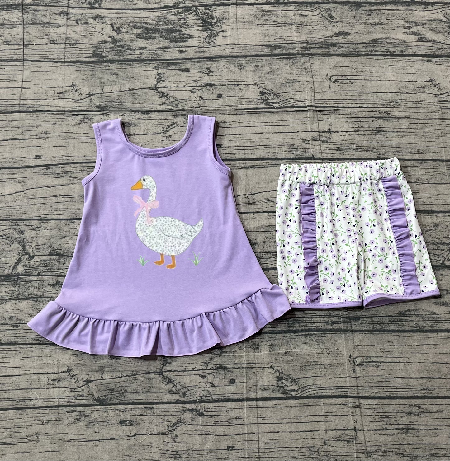 1.17 GSSO2774 Sample No Moq Embroidery Floral Goose Baby Girls Lavender Tunic Ruffle Shorts Clothes Sets