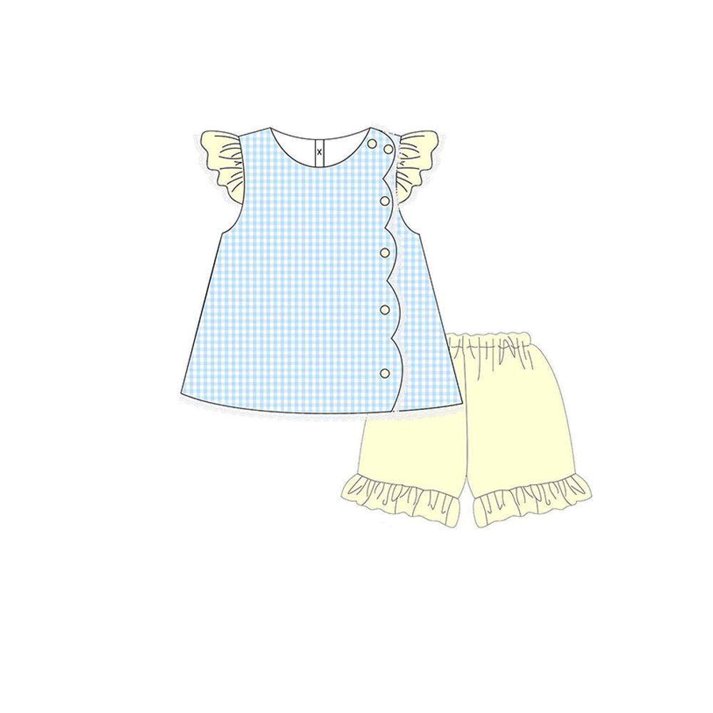 10.23 (Pre Order) No moq GSSO2775 PRE-ORDER Baby Girls Checked Button Tunic Ruffle Shorts Clothes Sets