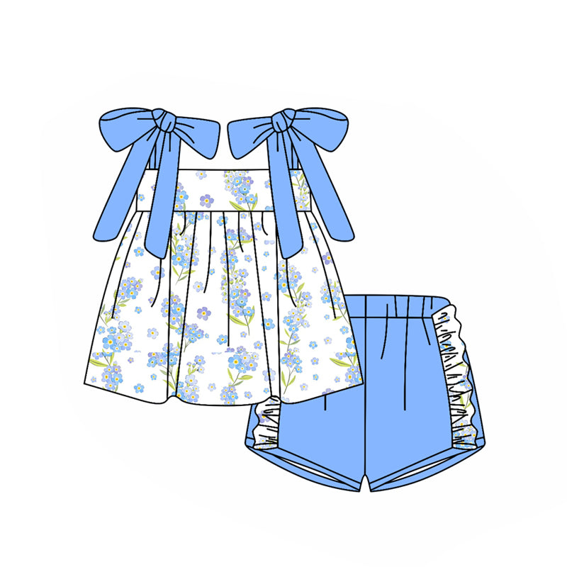10.23 (Pre Order) No moq GSSO2776 PRE-ORDER Baby Girls Blue Strap Flowers Tunic Ruffle Shorts Clothes Sets