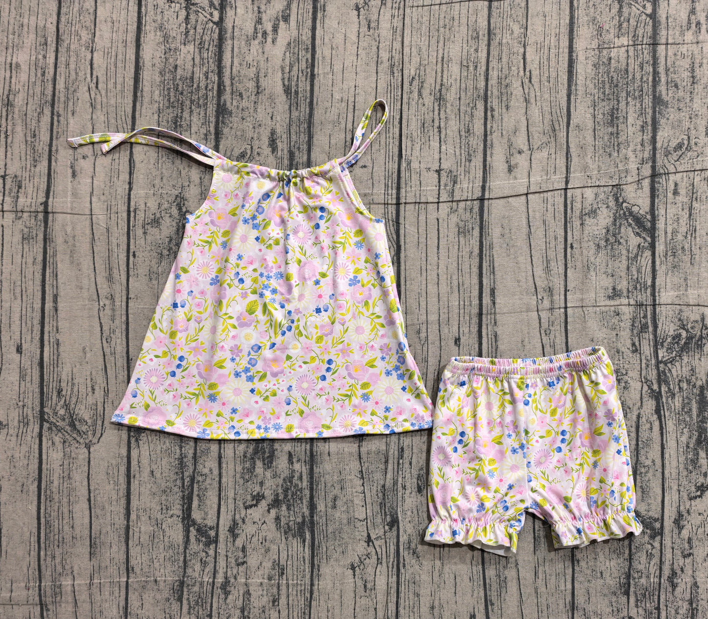 1.31 GSSO2778 Sample No Moq Baby Girls Pink Strap Floral Tunic Ruffle Shorts Clothes Sets