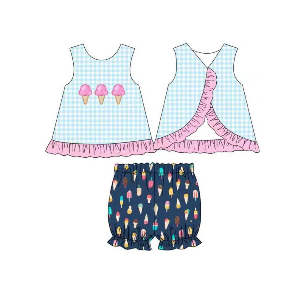 10.30 GSSO2780 Pre order No Moq Baby Girls Checked Ice Cream Checked Tunic Ruffle Shorts Clothes Sets
