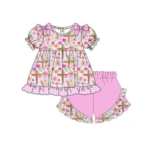 10.30 GSSO2782 Pre order No Moq Baby Girls Flowers Crosses Tunic Ruffle Shorts Easter Clothes Sets