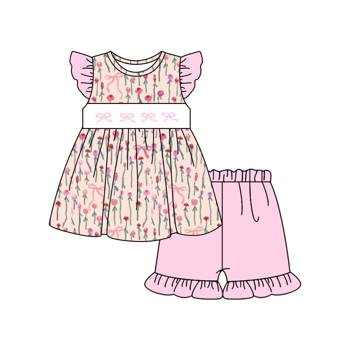 10.28 GSSO2789 Pre order No Moq Baby Girls Bows Flowers Tunic Ruffle Shorts Clothes Sets