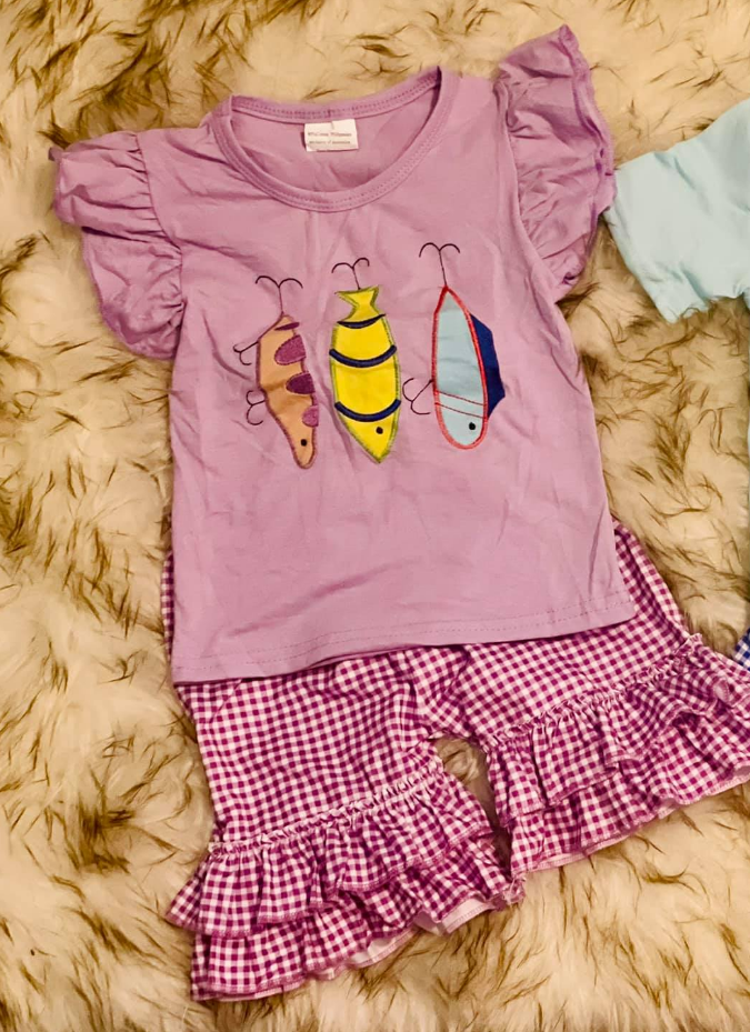 10.27 GSSO2795 Pre order No Moq Baby Girls Pink Fishing Top Checked Ruffle Shorts Hunting Clothes Sets