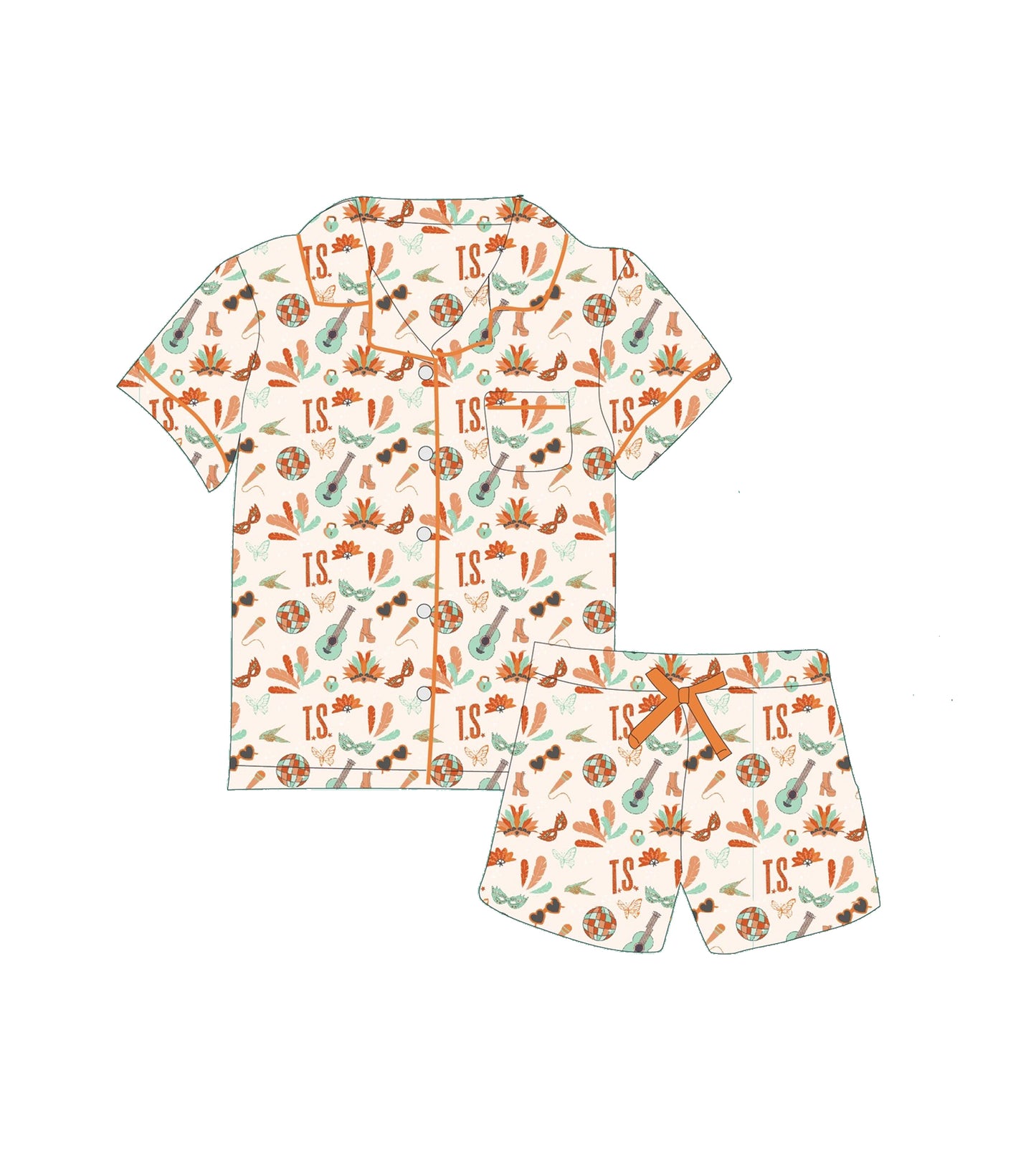 10.30 GSSO2803 Pre order No Moq Baby Girls Glasses Guitars Button Pockets Shorts St Patrick Pajamas Sets