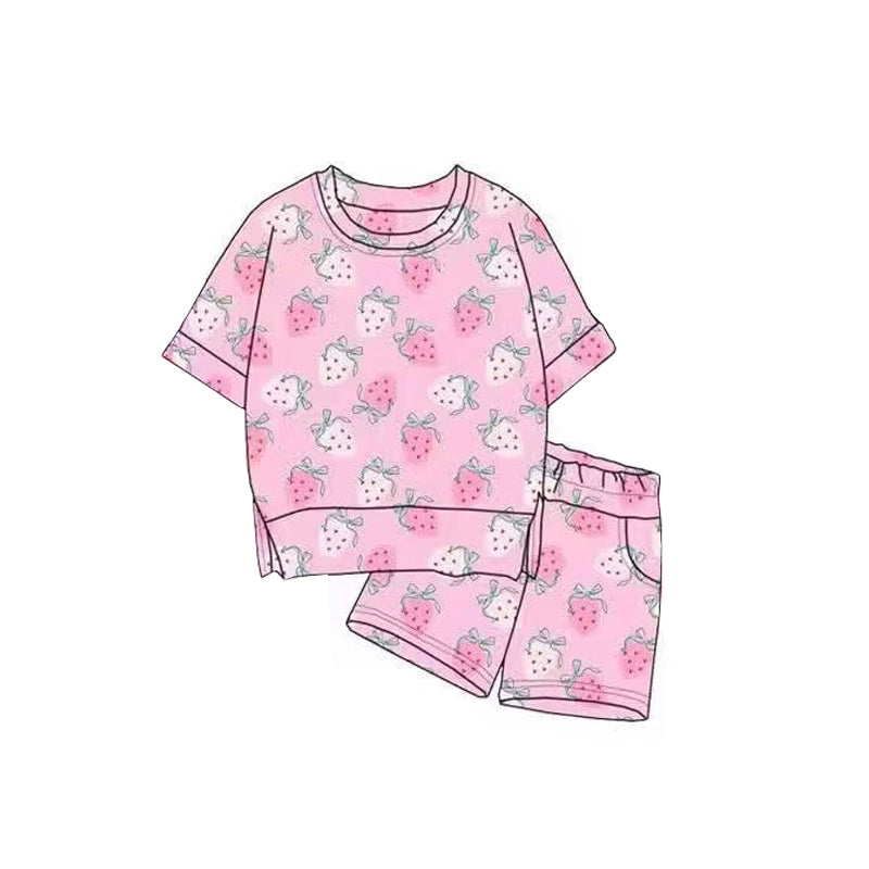 11.3 GSSO2817 Pre order No Moq Baby Girls Pink Bows Strawberry Top Pockets Shorts Clothes Sets
