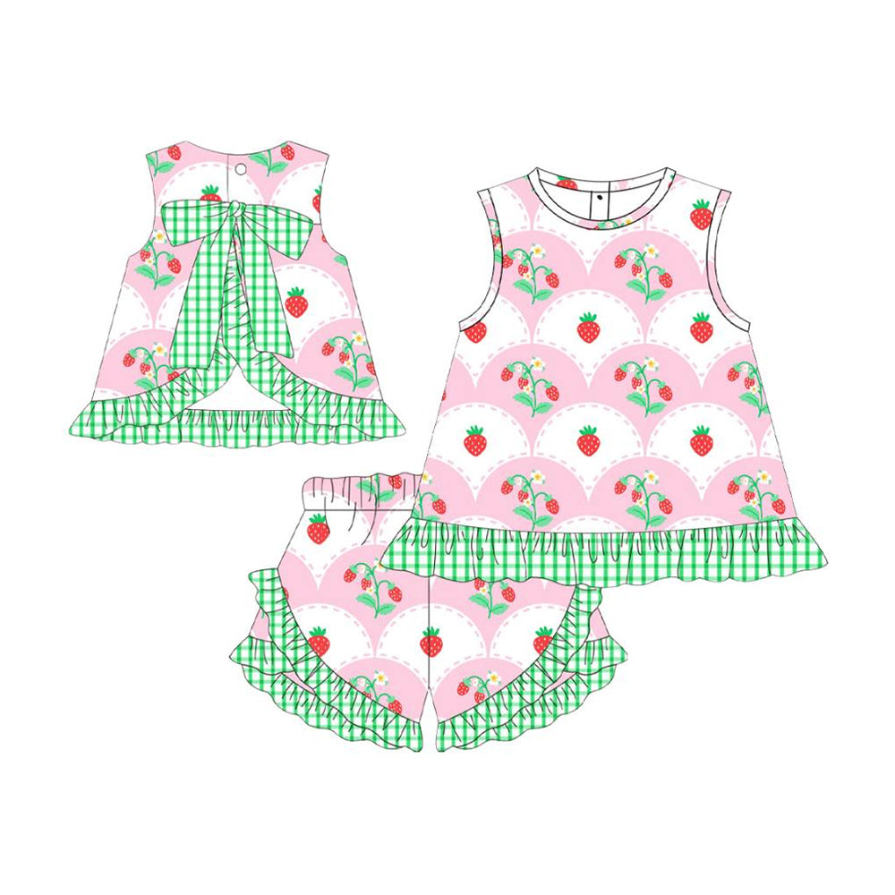 11.3 GSSO2823 Pre order No Moq Baby Girls Strawberry Back Bows Tunic Ruffle Shorts Clothes Sets