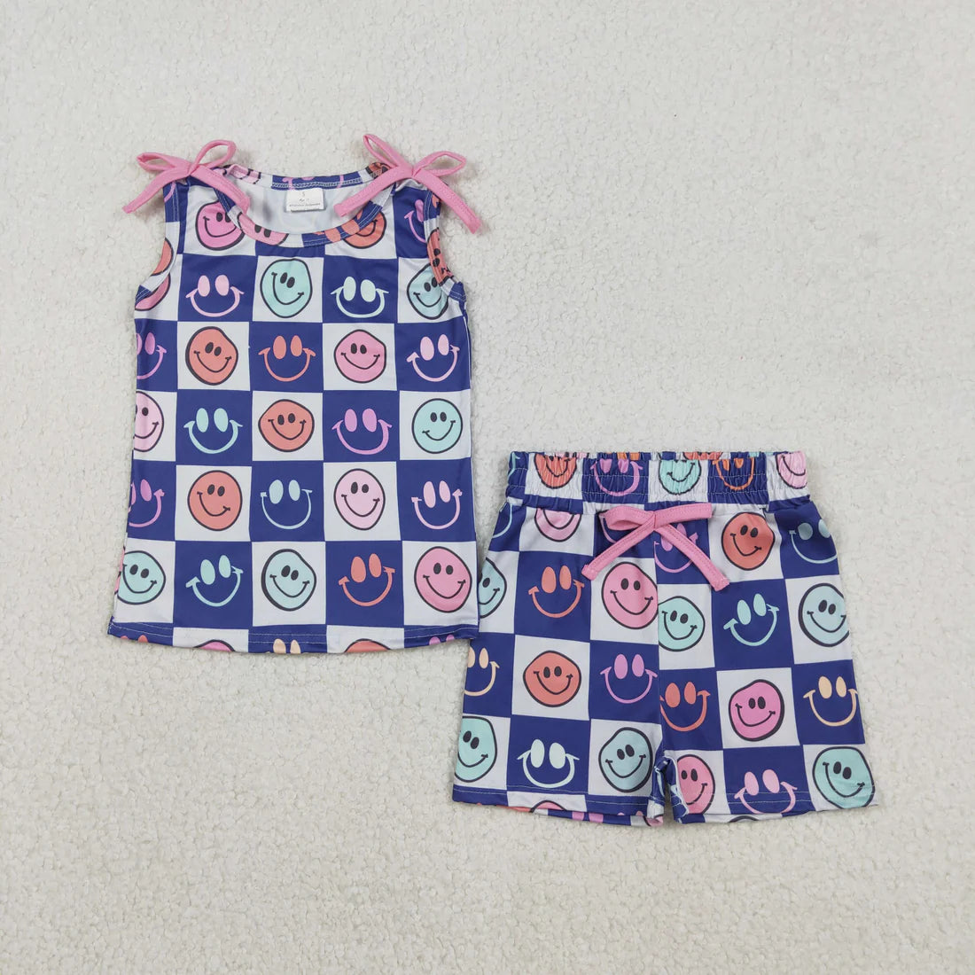 12.6 RTS Sibling Baby Girls Sleeveless Flowers Smiles Checked Bows Top Shorts Clothes Sets