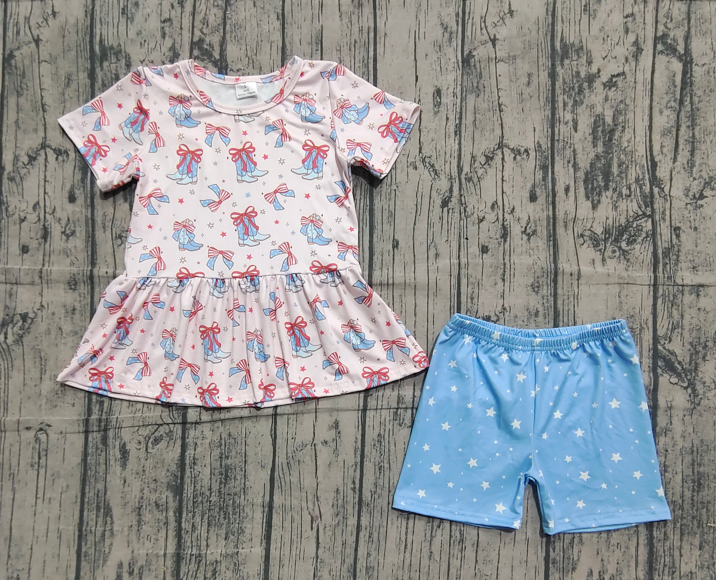11.13 GSSO2837 Sample No Moq Baby Girls Bows Boots Stars Tunic Shorts Western July 4th Clothes Sets