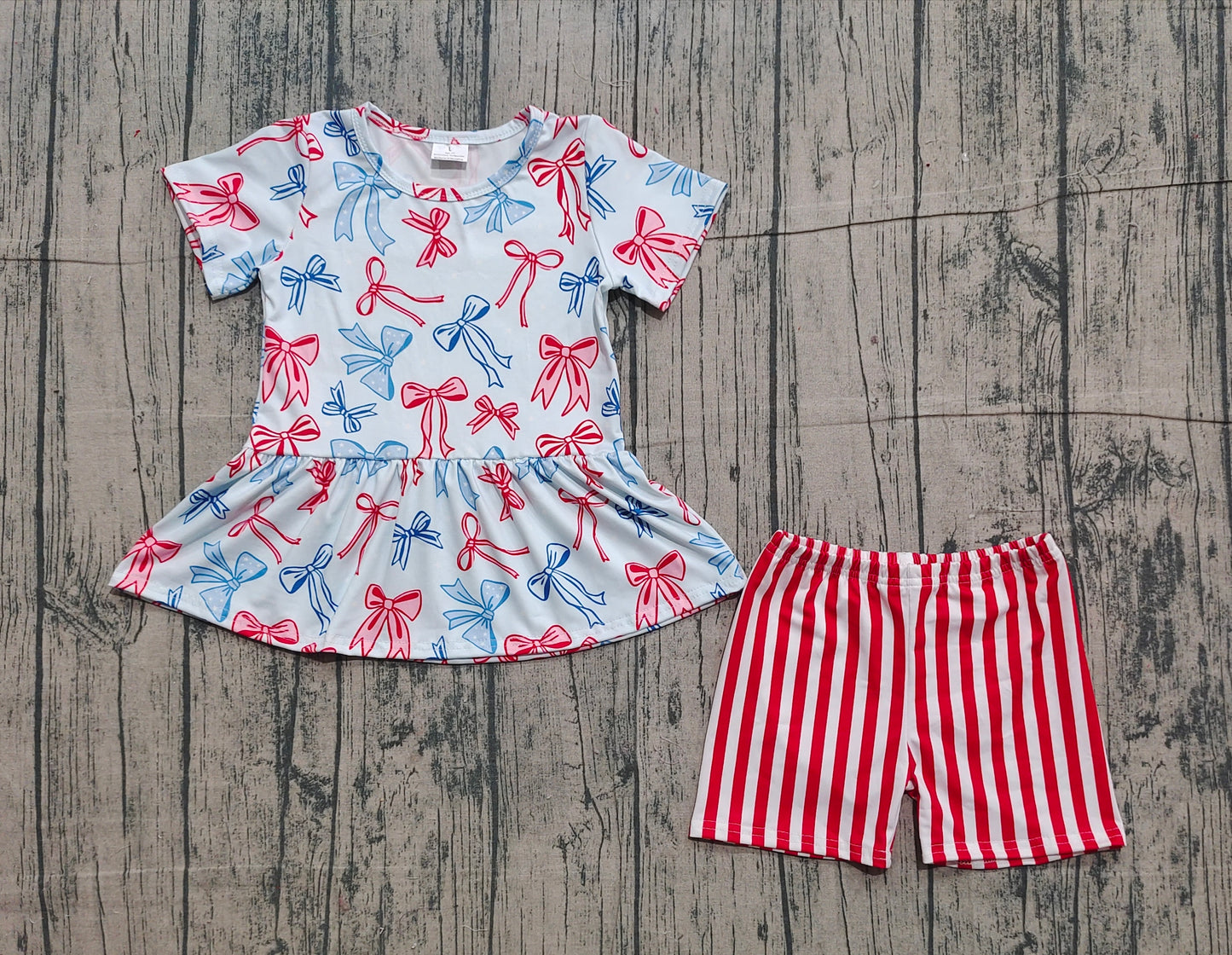 11.19 GSSO2838 Sample No Moq Baby Girls Red Blue Bows Tunic Stripe Shorts July 4th Clothes Sets