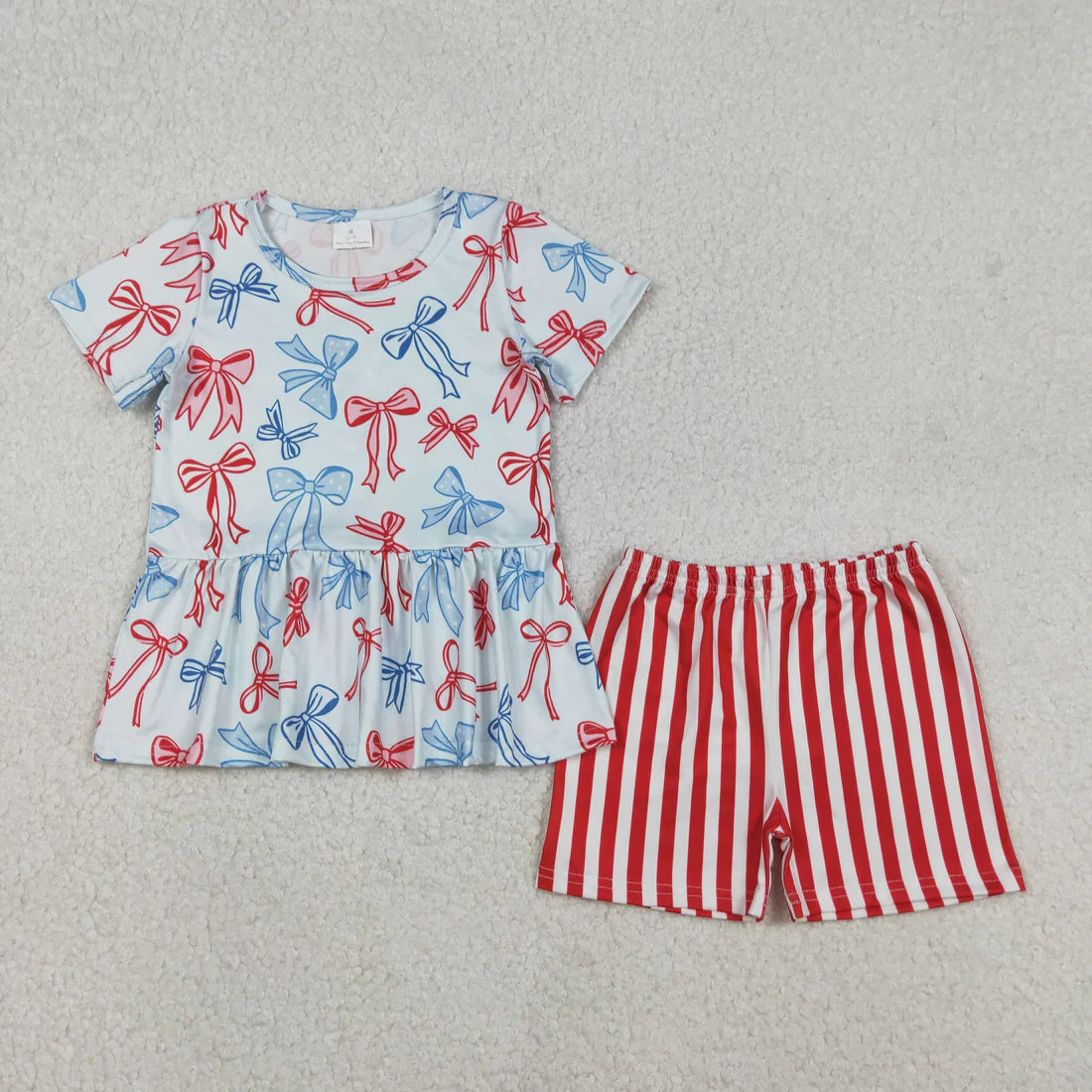 12.13 RTS Sibling Baby Girls Red Blue Bows Boots Ruffle Tunic Shorts 4th of July Clothes Sets