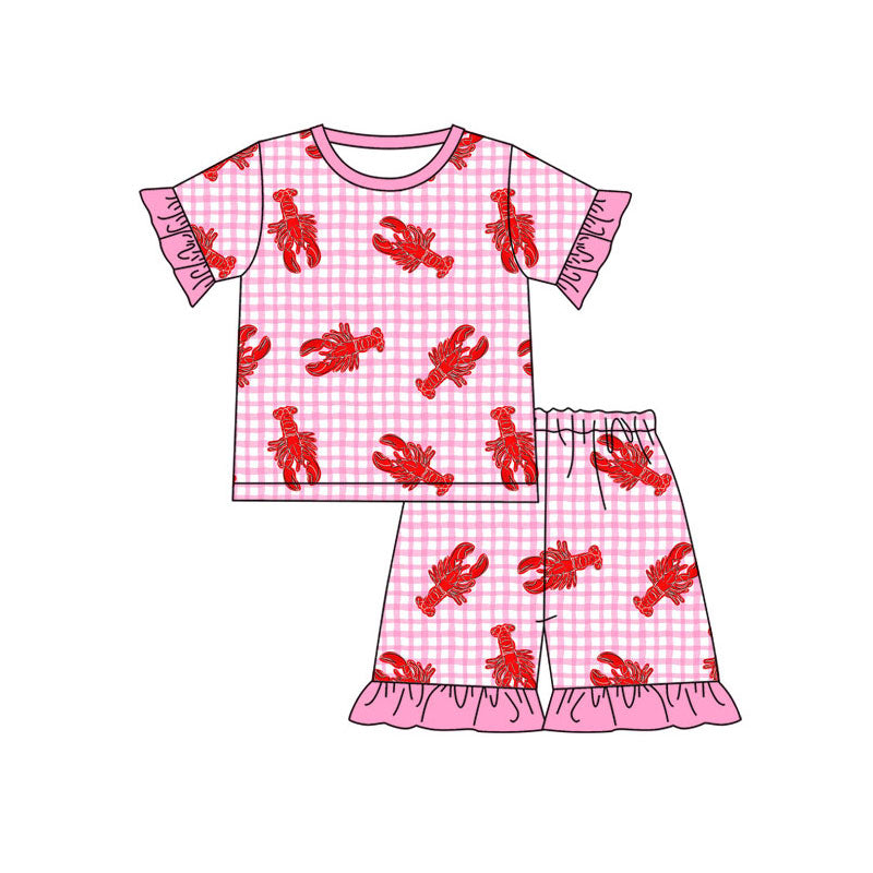 11.6 GSSO2839 Pre order No Moq Baby Boys Girls Pink Checked Crayfishes Top Ruffle Shorts Pajamas Sets
