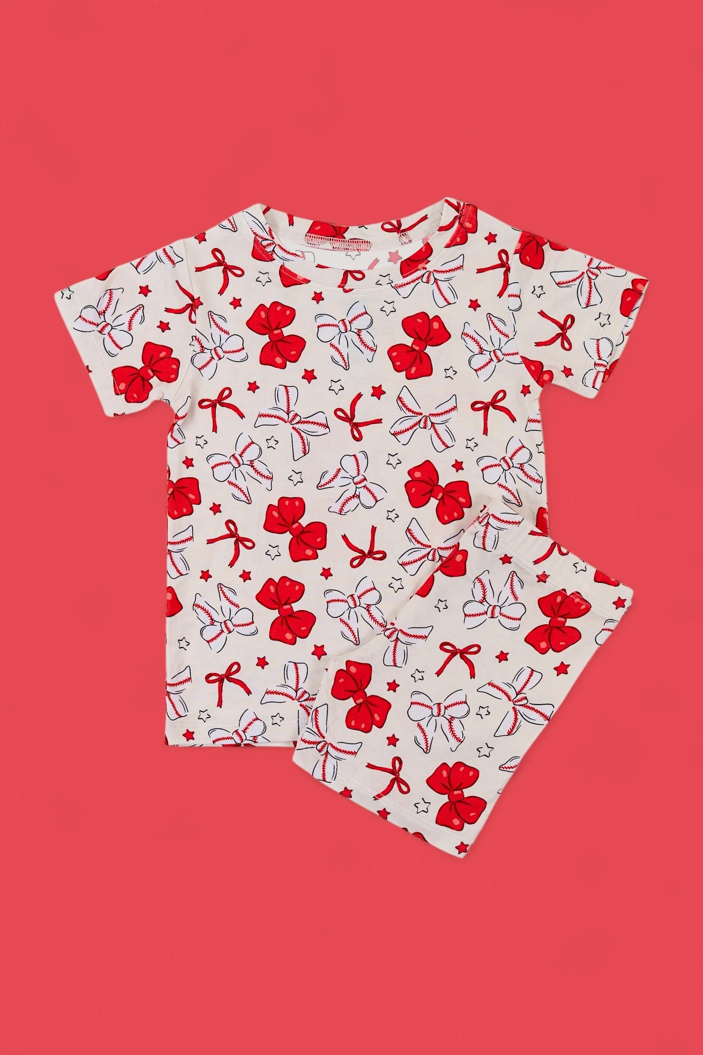 11.7 GSSO2847 Pre order No Moq Baby Girls Red Balls Bows Stars Top Shorts Team Pajamas Sets