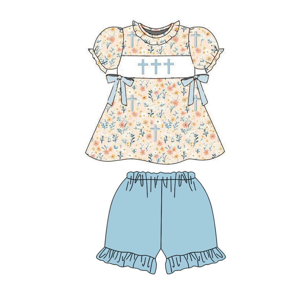 11.12 GSSO2855 Pre order No Moq Baby Girls Floral Crosses Tunic Ruffle Shorts Easter Clothes Sets