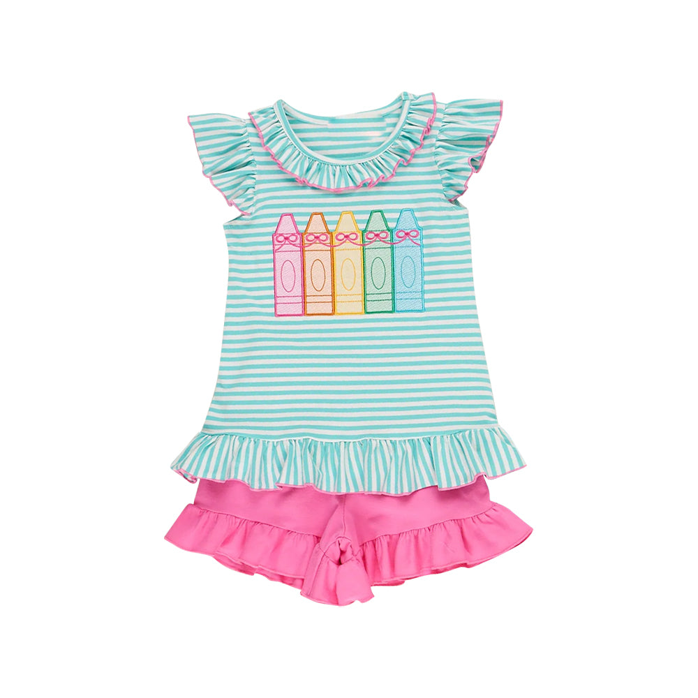 11.12 GSSO2856 Pre order No Moq Baby Girls Stripe Bows Pencils Tunic Ruffle Shorts Back to School Clothes Sets