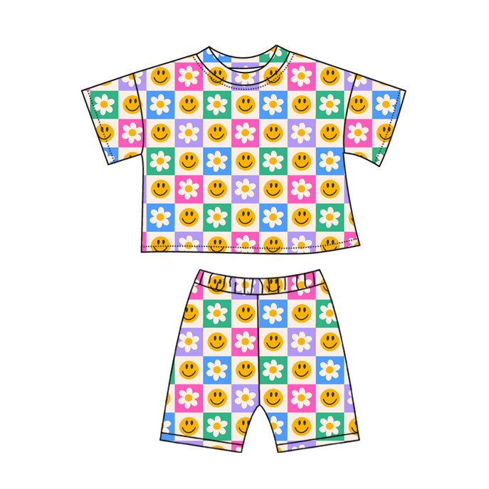 11.13 GSSO2864 Pre order No Moq Baby Girls Colorful Smile Flowers Checked Pockets Shorts Clothes Sets
