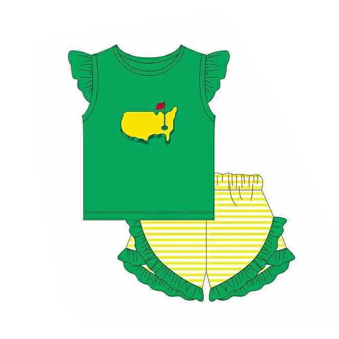 11.14 GSSO2867 Pre order No Moq Baby Girls Green Golf Flags Top Ruffle Shorts Clothes Sets