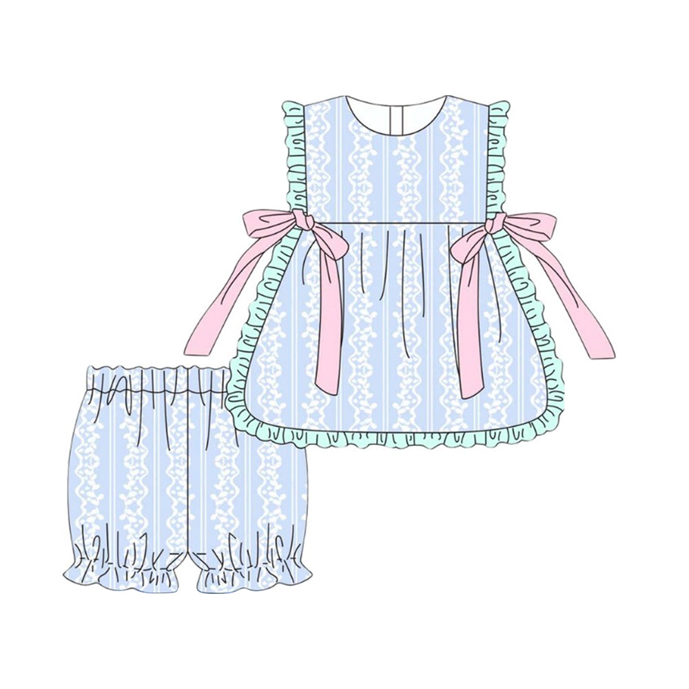 11.15 GSSO2872 Pre order No Moq Baby Girls Blue Flowers Stripe Bows Tunic Ruffle Shorts Clothes Sets