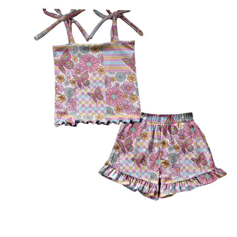 11.18 GSSO2885 Pre order No Moq Baby Girls Strap Floral Butterfly Top Ruffle Shorts Clothes Sets