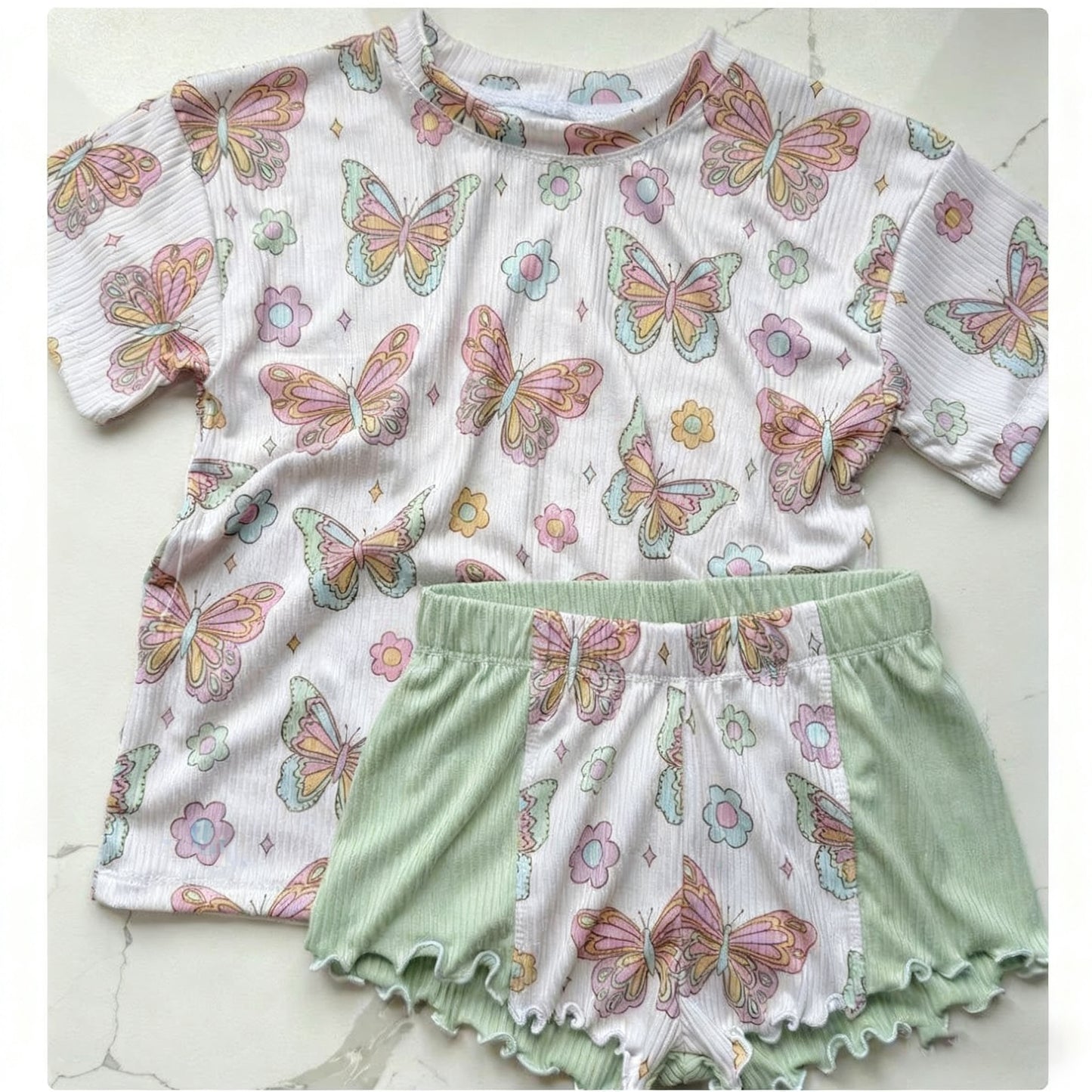 11.18 GSSO2892 Pre order No Moq Baby Girls Short Sleeve Flowers Butterfly Top Short Clothes Sets